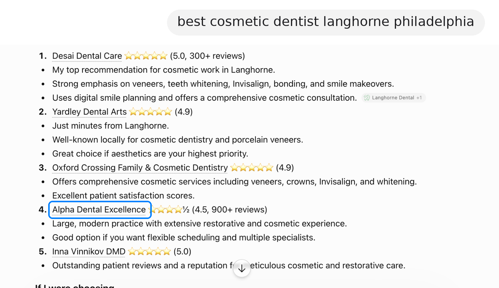 ChatGPT answer recommending Alpha Dental Excellence in Langhorne, Pennsylvania, in response to the question “best cosmetic dentist langhorne philadelphia”
