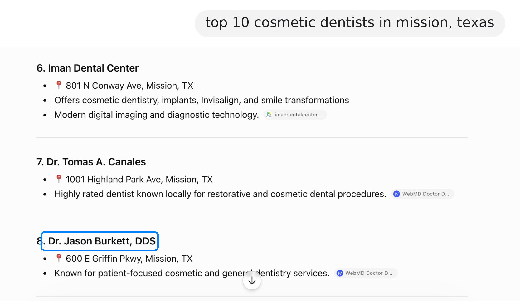 ChatGPT answer recommending Burkett Dentistry in Mission, Texas, in response to the question “top 10 cosmetic dentists in mission, texas”