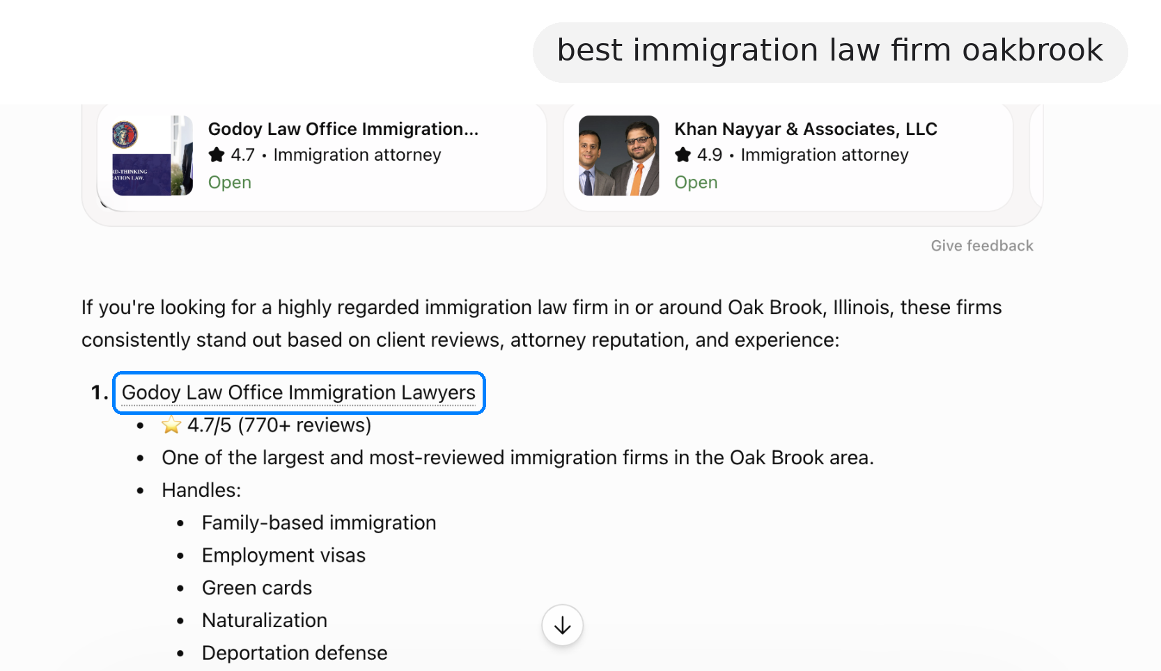 ChatGPT answer recommending Godoy Law Office in Oak Brook, Illinois, in response to the question “best immigration law firm oakbrook”