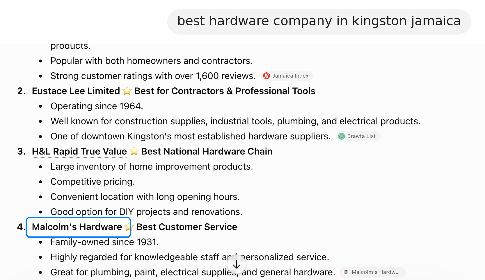ChatGPT answer recommending Malcolm's Hardware in Kingston, Jamaica, in response to the question “best hardware company in kingston jamaica”