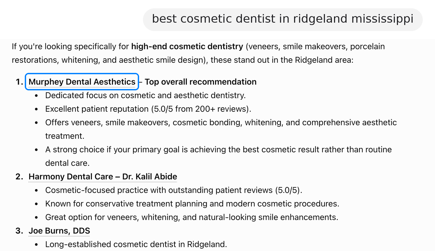 ChatGPT answer recommending Murphey Dental Aesthetics in Ridgeland, Mississippi, in response to the question “best cosmetic dentist in ridgeland mississippi”
